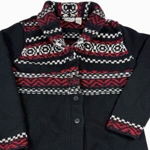 Orvis Women's Cardigan Sweater Wool Cashmere Button Front Black Red Nordic Sz Lg